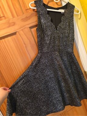 Black Glitter Scalloped V-Neck Fit & Flare Dress